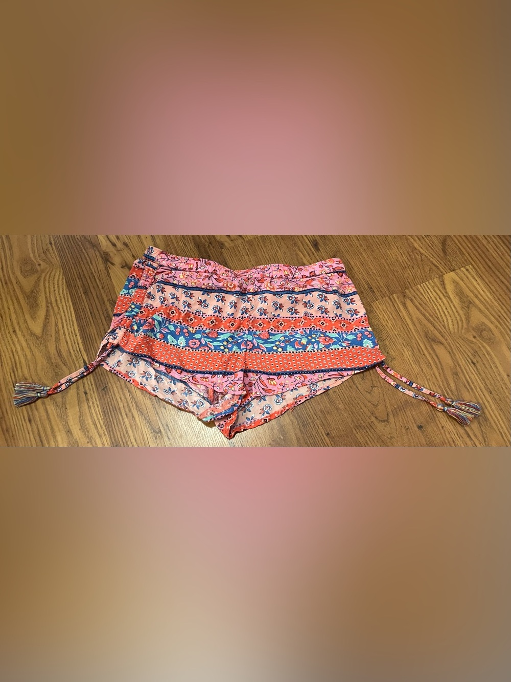 aerie Pink Floral Stripe High-Waist Shorts Side Tassel Ties Elastic Waistband